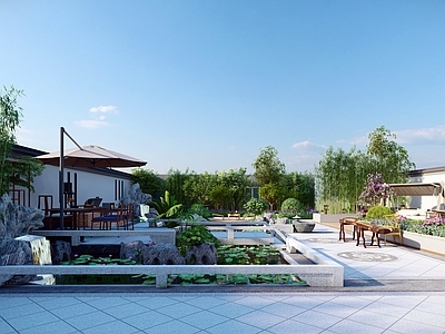 新中式中式屋顶花园 新中式庭院 水景 鱼池