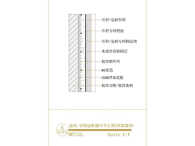 墙面节点 瓷砖石材湿贴墙 施工图