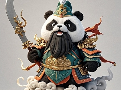 现代中式雕塑 熊猫关羽IP雕塑 景观小品 手办 商业美陈