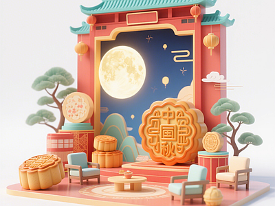 现代新中式中秋美陈 中秋月饼美陈 商业快闪