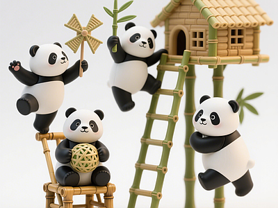 现代中式雕塑 熊猫组合雕塑 竹编编织物 手办 美陈 景观小品