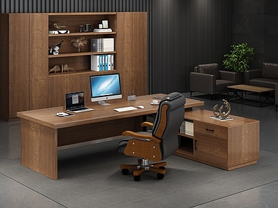 现代中古办公桌椅 实木老板桌 老板椅 实木书柜 沙发茶几组合 经理室