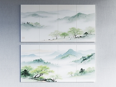 现代新中式背景墙 新中式禅意硬包 山水画 山水画护墙板 山水挂画 新中式挂画