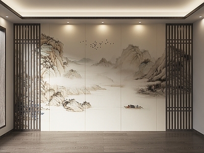 现代新中式背景墙 山水画硬包 山水画护墙板 装饰山水画墙 中式背景墙硬包 禅意硬包