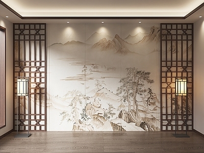 现代新中式背景墙 山水画硬包 山水画护墙板 装饰山水画墙 新中式背景墙硬包 禅意硬包