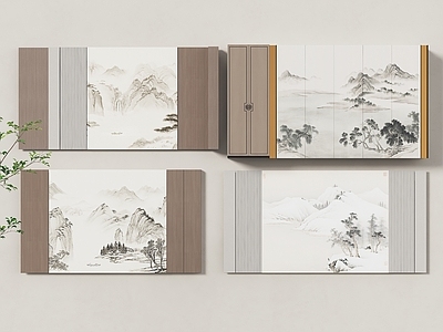 现代新中式背景墙 山水画护墙板 装饰山水画墙 禅意硬包 电视背景墙 客厅景墙