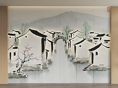 现代新中式背景墙 新中式背景墙 山水壁画 禅意硬包 山水画屏风 山水画护墙板