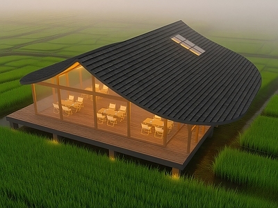 现代新中式小公建 曲线网红稻田餐厅 新中式坡屋顶建筑 乡村图书馆 乡村会客厅 稻田咖啡馆