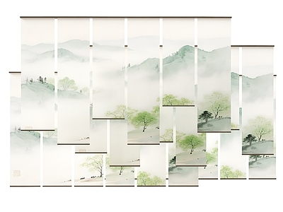 现代新中式窗帘 卷帘 纱帘 山水画梦幻帘 禅意纱帘 茶室卷帘