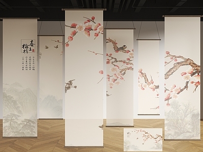 现代新中式窗帘 新中式卷帘 水墨画纱帘 茶室卷帘 梦幻帘 梅花纱帘