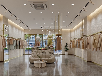 现代奶油服装店 服装展示 收银台 休息沙发