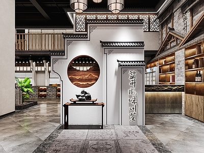 新中式其他餐饮空间 餐饮店大厅 餐饮入口 餐饮收银区 餐饮过道 餐饮店