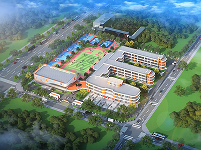 现代学校建筑 学校湖景 学校操场 教学楼学校