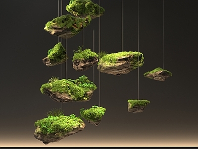 现代石头 悬吊苔藓石 石头景观装置