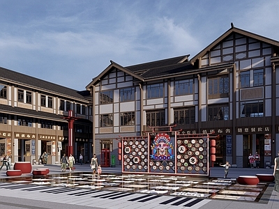 新中式古建筑 古镇商业街广场 文化雕塑指示牌 商业街互动装置 民居商业建筑 仿古文化街道