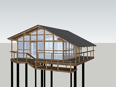 极简原木其他景观小建筑 森林木屋 原木平台 林下木屋