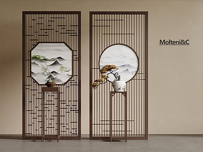 新中式屏风 新中式屏风隔断 花格屏风 花架 盆栽盆景