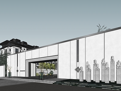 现代新中式多层住宅 别墅区 入口大门 庭院景观 示范区展示区