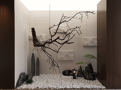 现代中式室内景观 景观小品 干支雕塑 楼梯景观 地下室 端景