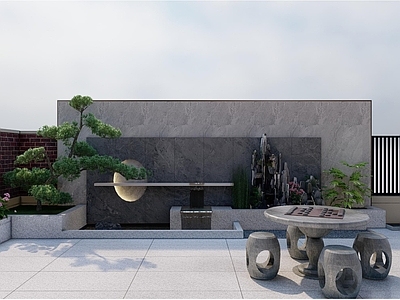 现代新中式别墅庭院 现代景墙 新中式庭院