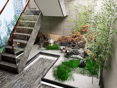 现代新中式其他景观小品 楼梯枯山水景观 日式庭院 白沙绿植 松树石组 金属楼梯