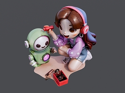 女人 绿色机器人 紫色衣服女孩