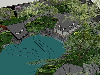 现代庭院小品 挑台水景 庭院高差水景 折线高差水景