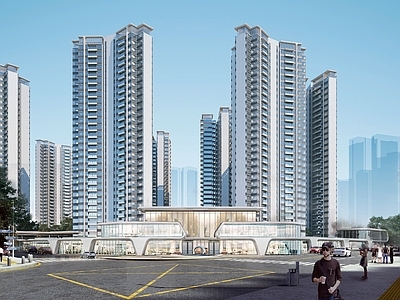 现代售楼处建筑 现代简约沿街商业 售楼部 会所 高层住宅