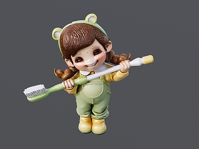 儿童 绿色衣服 手持大牙刷 小女孩