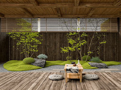 现代庭院小品 现代居家庭院 桌椅 平视 平视 汀步