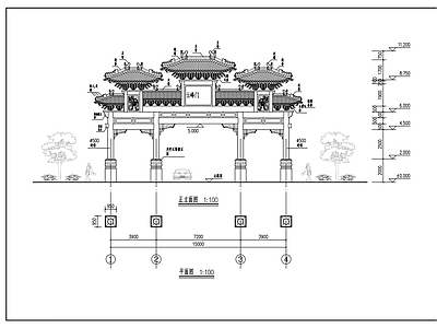 仿古建筑 四柱七楼牌楼 施工图