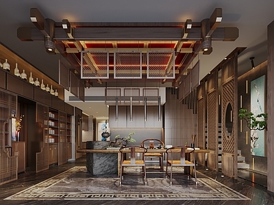 新中式中式茶餐厅 新中式茶室 新中式会所 茶桌椅 屏风 盆栽