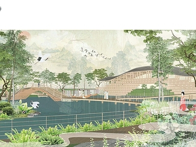 新中式中式滨水景观 国风乡村 未来乡村 滨水空间 清明上河图