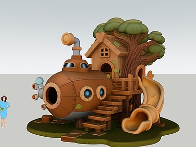 现代儿童游乐空间 树屋潜水艇淘气堡 森林滑滑梯 森林艺术装置 商业美陈 景观雕塑小品