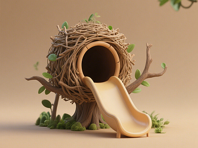 现代儿童游乐空间 鸟巢滑滑梯 森林主题淘气堡 树窝艺术装置 景观互动雕塑小品 森林商业美陈