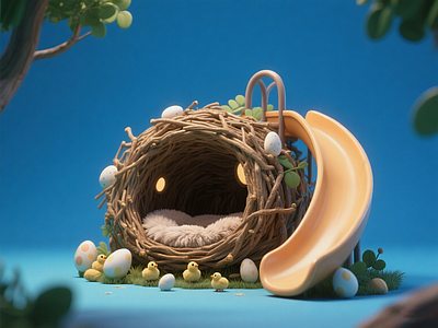 现代儿童活动空间 森林主题淘气堡 景观互动雕塑小品 森林艺术装置 商业美陈 鸟巢滑滑梯