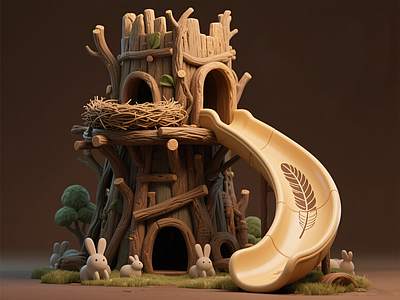 现代儿童游乐空间 树洞滑滑梯 森林艺术装置 森林淘气堡 景观互动雕塑小品 商业美陈