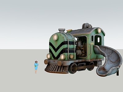 现代儿童游乐空间 绿皮火车滑滑梯 蒸汽火车艺术装置 火车淘气堡 景观互动雕塑小品 商业美陈