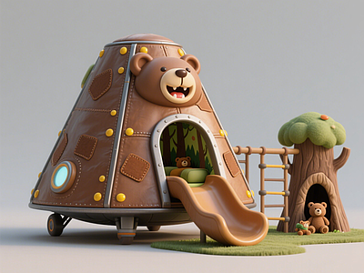 现代儿童游乐空间 小熊飞碟淘气堡 森林艺术装置 航空商业美陈 滑滑梯 景观互动雕塑小品