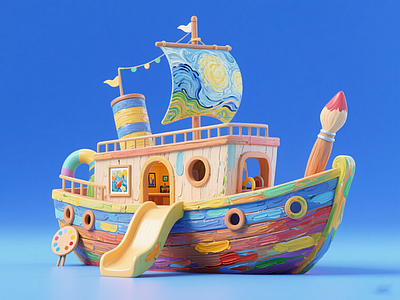 现代儿童游乐空间 画家小船滑梯 艺术彩色淘气堡 水文化艺术装置 调色板商业美陈 景观互动雕塑小品