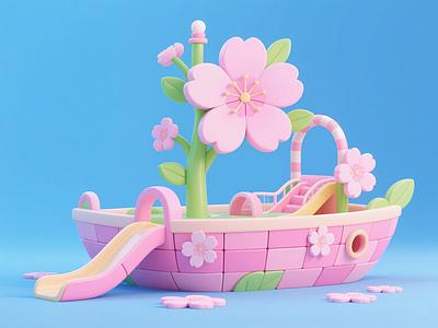 现代儿童游乐空间 樱花船淘气堡 船滑滑梯 艺术装置 水文化商业美陈 景观互动雕塑小品