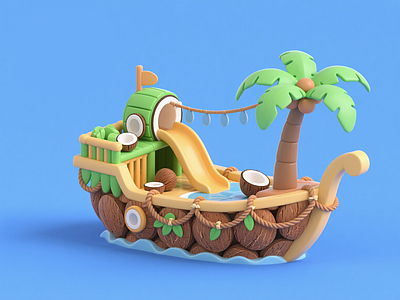 现代儿童游乐空间 椰子船儿童活动区 儿童器械滑滑梯 艺术装置淘气堡 景观互动雕塑小品 水文化商业美陈