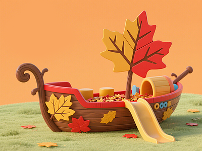 现代儿童游乐空间 枫叶船淘气堡 枫叶主题滑滑梯 商业美陈 景观互动雕塑小品 艺术装置