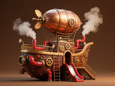 现代儿童游乐空间 蒸汽机械船滑梯 机械淘气堡 艺术装置 景观雕塑互动小品 商业美陈