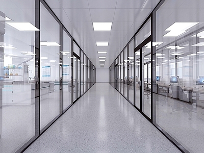 现代实验室 双层玻璃隔断 铝扣板吊顶 PVC地胶 实验室走廊 LED灯