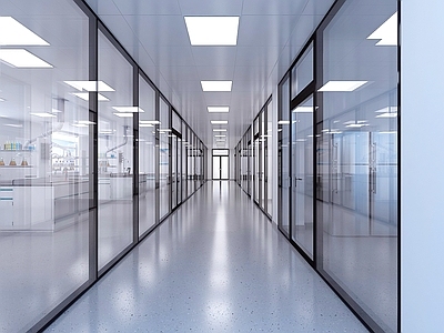 现代实验室 双层玻璃隔断 实验室走廊 铝扣板集成吊顶 PVC加厚地胶 LED实验室灯