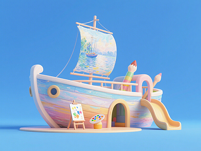 现代儿童游乐空间 莫奈名画小船滑梯 艺术画淘气堡 艺术装置 景观互动雕塑小品 儿童活动区