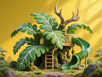 现代儿童游乐空间 大叶树屋滑滑梯 艺术装置 淘气堡 森林儿童活动区 景观互动雕塑小品