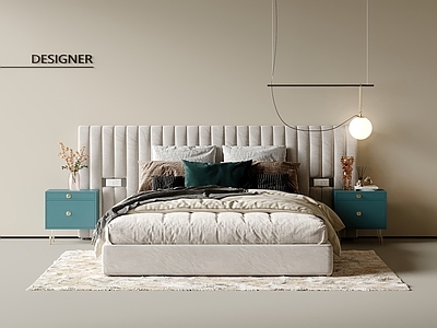 现代双人床 主卧床 布艺床 床头柜 床头吊灯