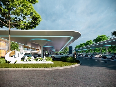 现代风格建筑 公交站 充电桩 充电站